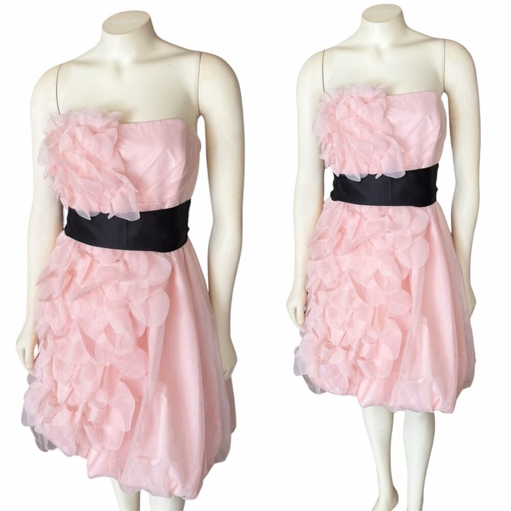 Vera Wang Pink Strapless Organza Petal Bubble Short Dress Black Sash Sz 4